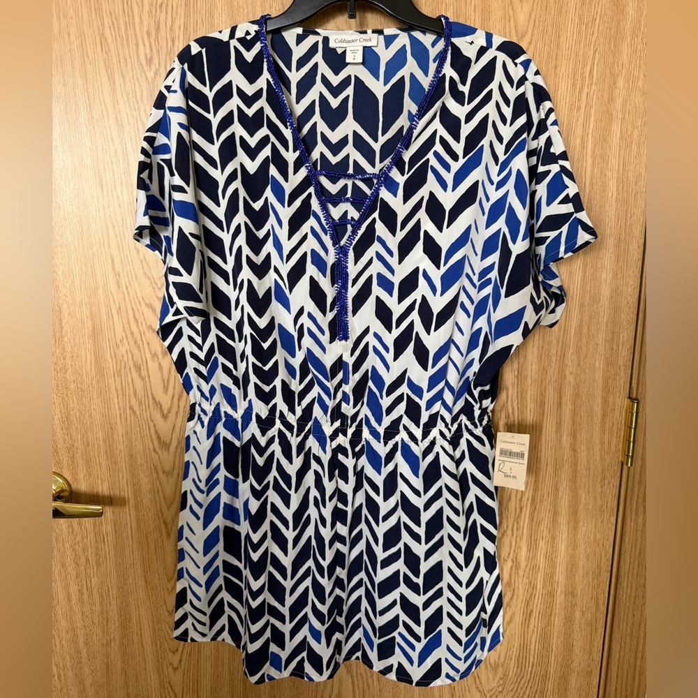 New Coldwater Creek Blue and White Beeded Chevron Tunic Women’s S/8